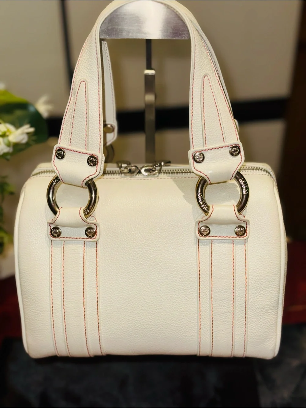 MCM - Creamy White Pebbled Leather Mini Boston w/ Gold Hardware